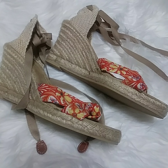 J. Crew lace up espadrilles floral orange wedge - Picture 2 of 6